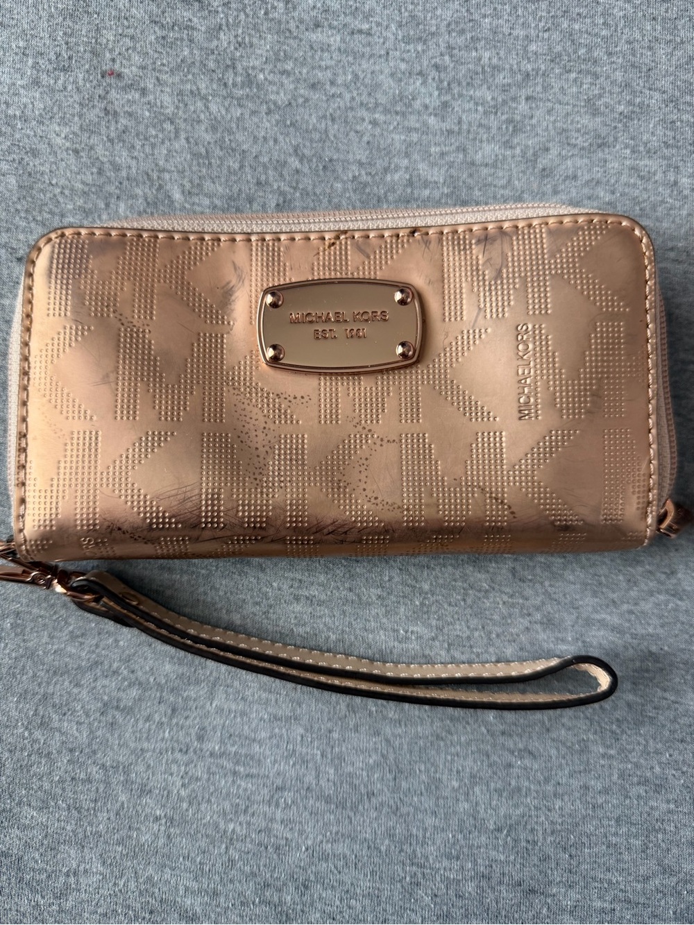 Michael Kors Metallic Rose Gold MK Zip-Around Wristlet